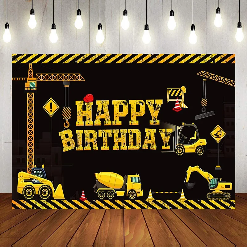 

Construction Excavator Kids Theme Happy Birthday Backdrop Dump Truck Photography Background Boys Bday Party Decoration Banner