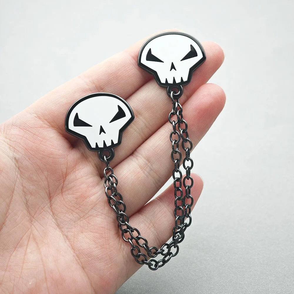 Halloween Gothic Doppel-Totenkopf-Kettenbrosche, Punk-Skelettkopf-Metallabzeichen, Kragenpin, Quasten-Ketten-Reversnadeln, Schmuckgeschenk – Detail 6