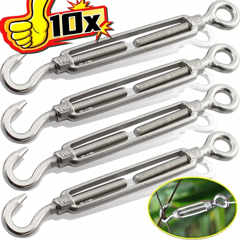 

1/10PCS Stainless Steel Hook and Eye Turnbuckle Wire Rope Tension Polished Rigging Hardware Adjustable Garden Wire Turnbuckle