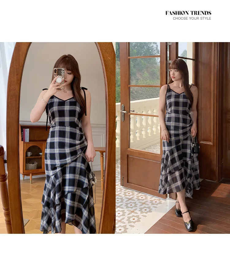 Plaid Pleated Slip Dress Women 2024 Plus-size Temperament Irregular Slip Dress