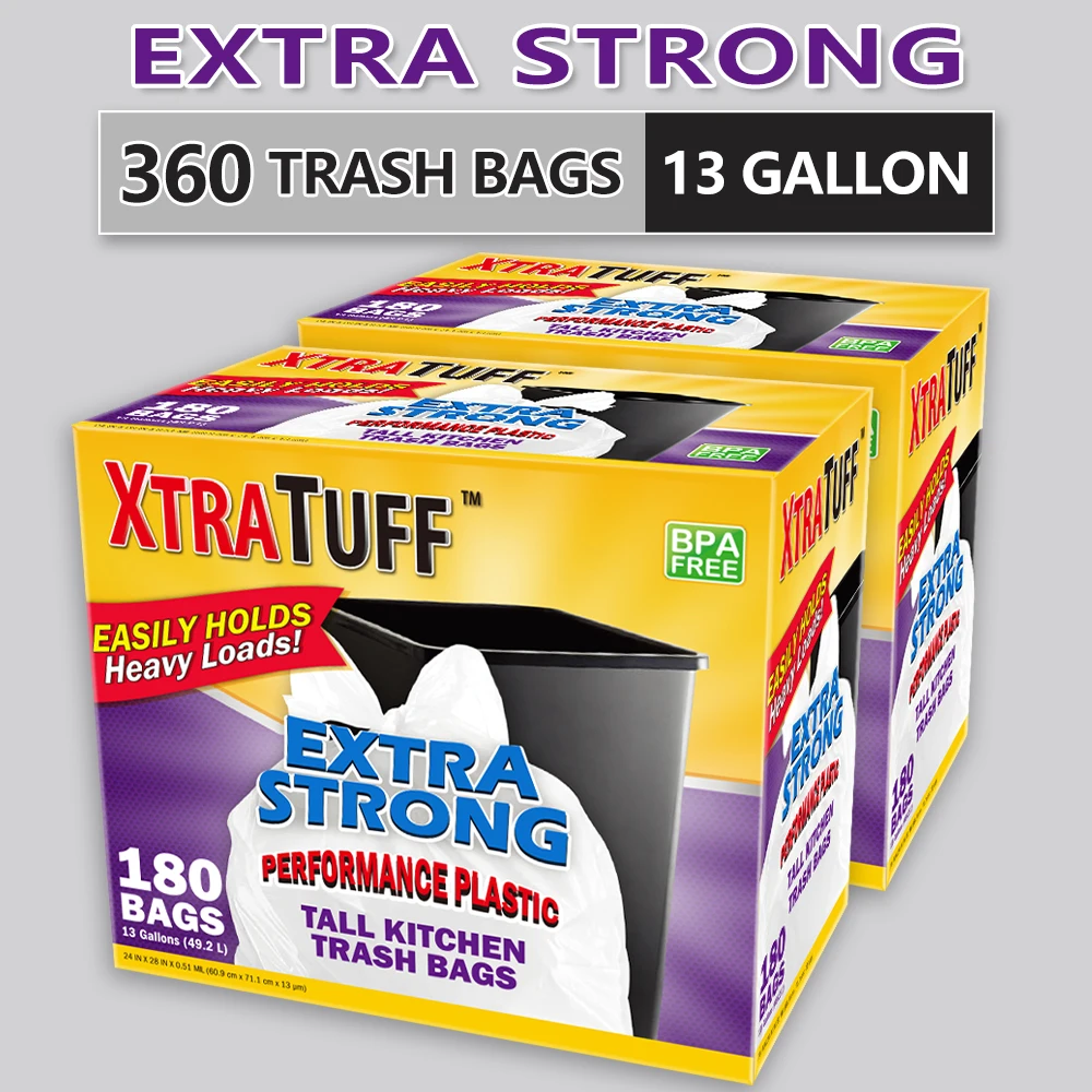 

Xtratuff Basics Trash Bags 13 Gallon Flap Ties Tall Kitchen Garbage Bags White Trash Bag 360 Count BPA FREE Strong Rubbish Bag