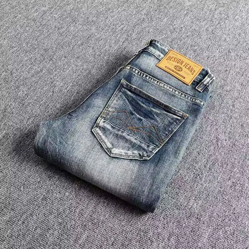 Nowo designerskie modne dżinsy męskie sprany niebieski Retro elastyczne Slim Fit porwane jeansy męskie spodnie modny projektant spodnie dżinsowe Hombre