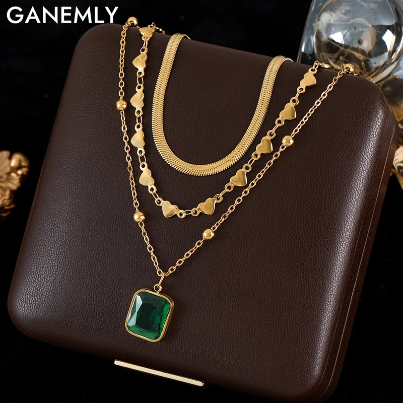 

GANEMLY 316L Stainless Steel Gold Color Multilayer Chain Green Crystal Necklace For Women Fashion Neck Chain Waterproof Jewelry