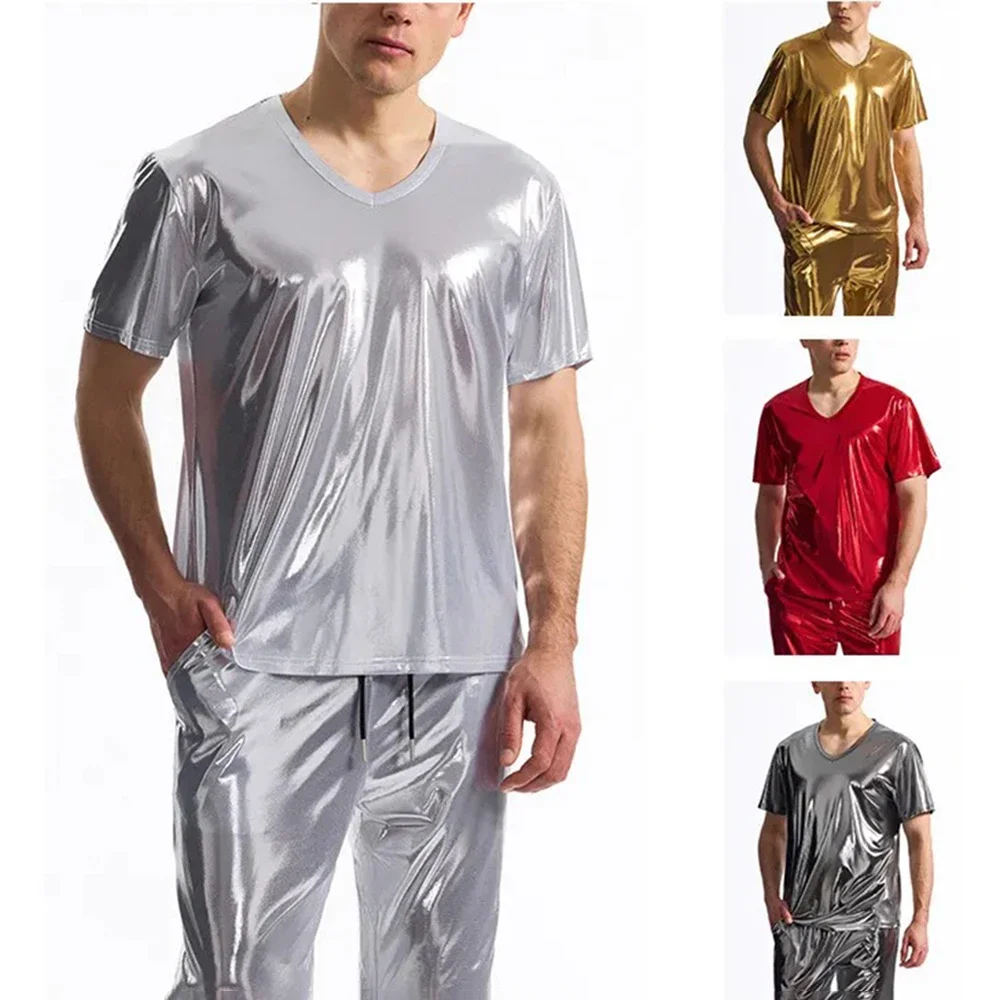 Mens T-Shirt With Shiny Gold Foil Ballroom T-Shirt Streetwear Nightclub Stage Performance Trendy Short Sleeve Top Men'S 2025 New