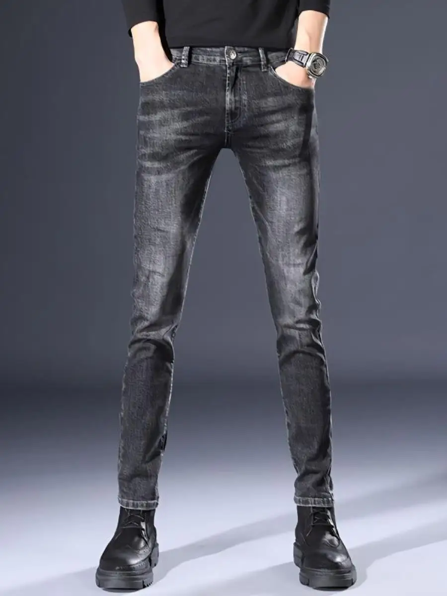 

e ey High Elastici Men's Jeans Autumn Winter Slim Fit Casual Long Pants Korean Sle Youth Faion Small Foot Pants