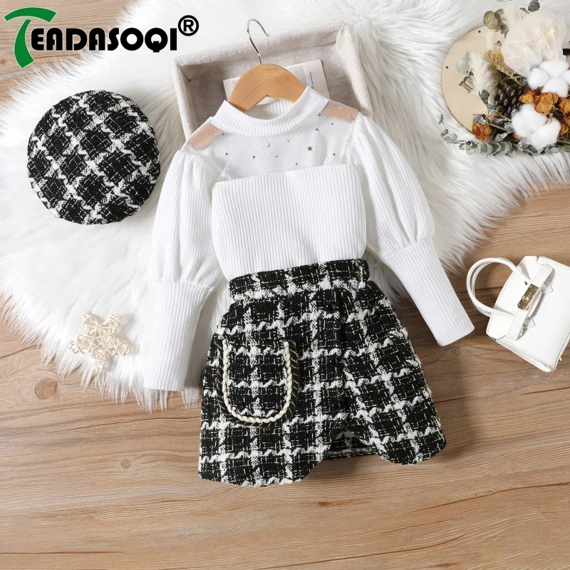 Kids Girls Clothing Set Mesh Splice Puffed Sleeves Top+Irregular Short Skirt+Hat 3Pcs Suit Children Baby Girl Clothes 2-8Y