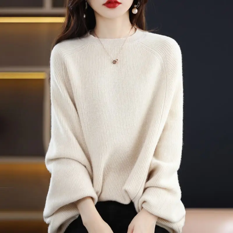 Women\'s Solid Color Pullover Round Neck Patchwork Sweater 2023 Autumn and Winter Loose Button Lace Batwing Long Sleeve Knit Tops