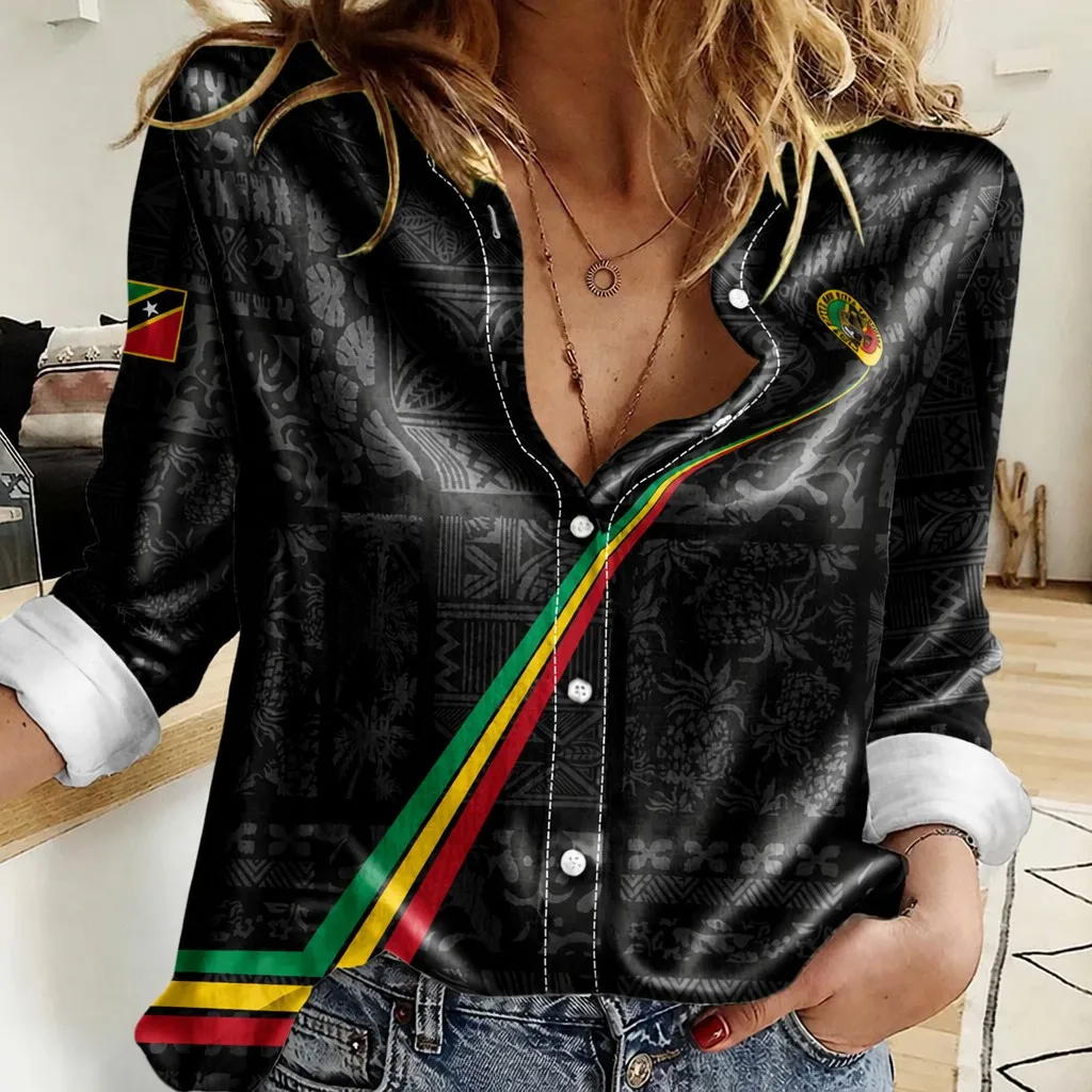 

St. Kitts and Nevis Printed Satin Loose-fitting Blouse with a Luxurious Feel, Long Sleeve, Casual, Versatile for Everyday Wear
