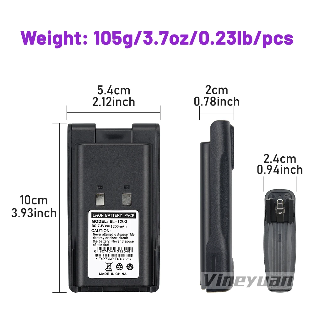 BL1203 7.4V 1200mAh Li-ion Battery for HYT TC600 TC-600 TC-600U TC-600V Two Way Radio Replacement Battery with Belt Clip