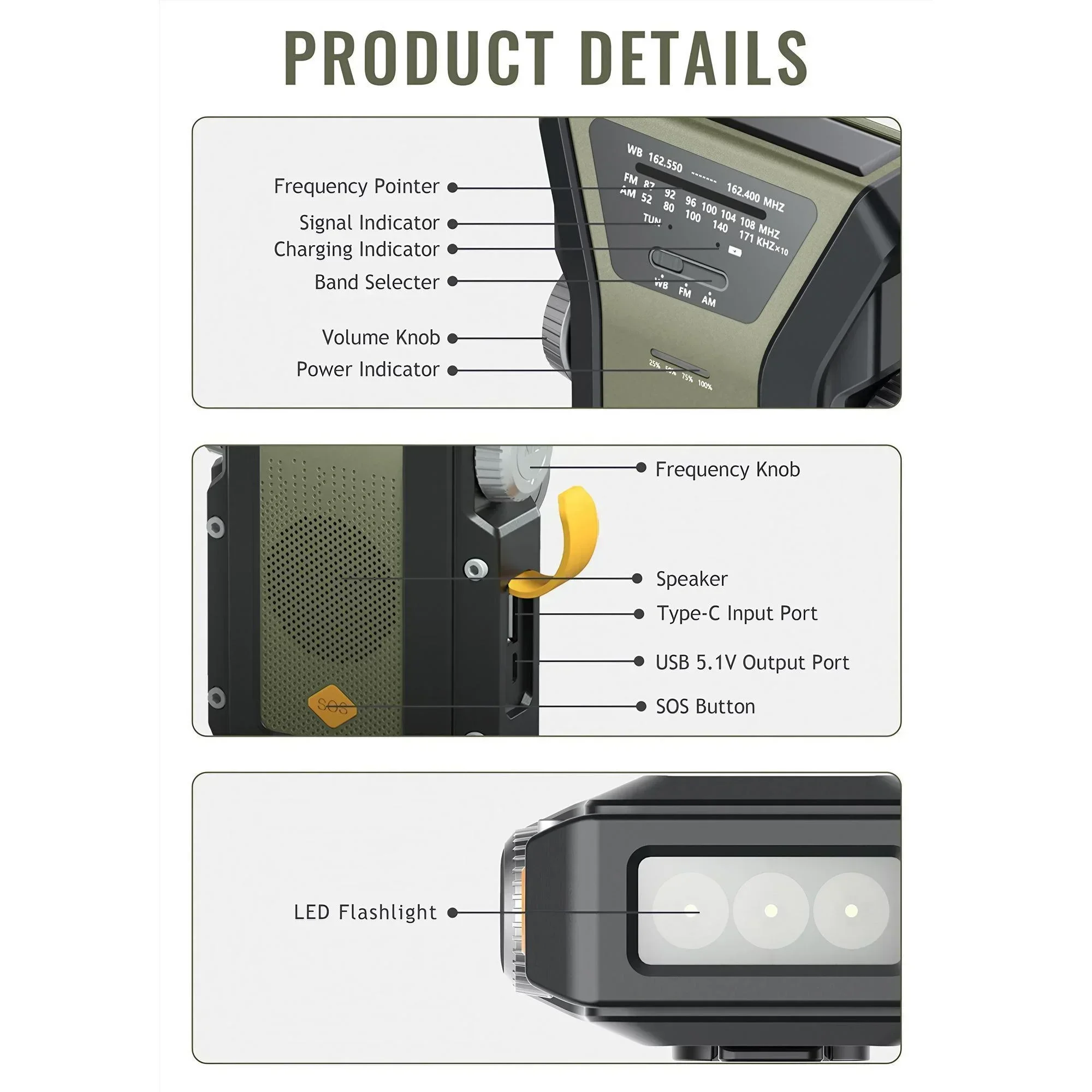 4000 mAh SOS-alarm Noodweerzaklamp Handslinger Zonnebatterij AM FM-radio Oplader voor mobiele telefoon