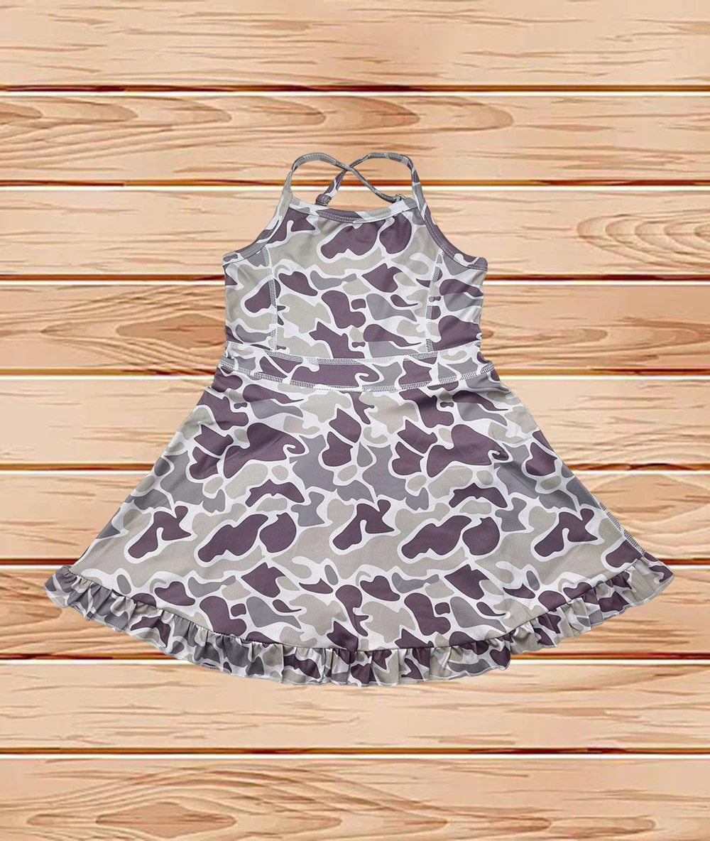 

5.7 Wholesale hot sale Baby Girls Strap Purple Camo Yoga Ruffle Knee Length Dress Fashion Kids Sports Clothes Athletic Dress