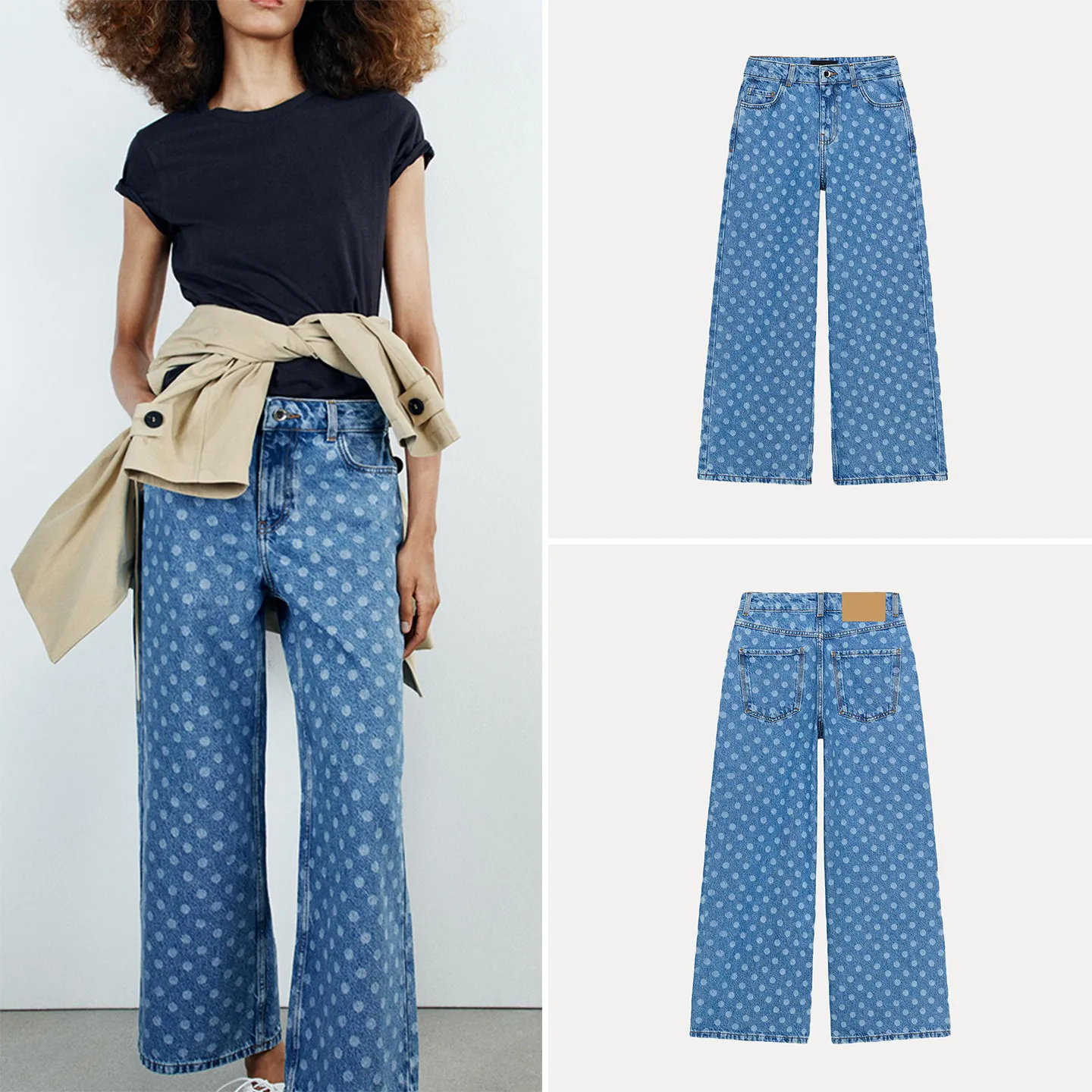 Summer Polka Dot High Waist Wide Leg Jeans Women's Personality Denim Pants ZADATA Brand Standard Fit Micro Stretch Natural Waist