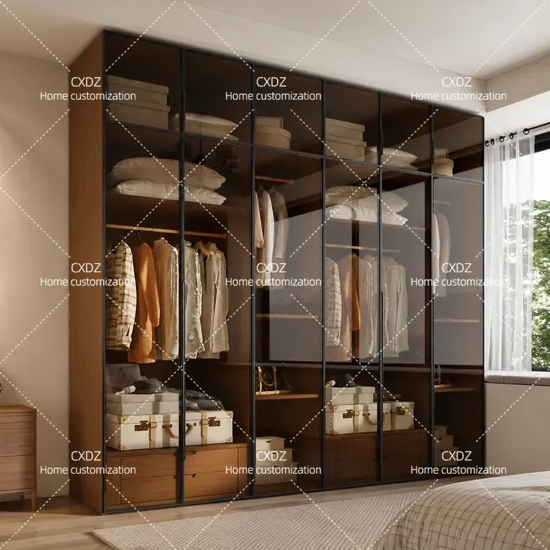Solid Wood Oak Glass Door Wardrobe Modern Light Luxury Bedroom Storage Cabinet Swing Door Combination Finished Closet