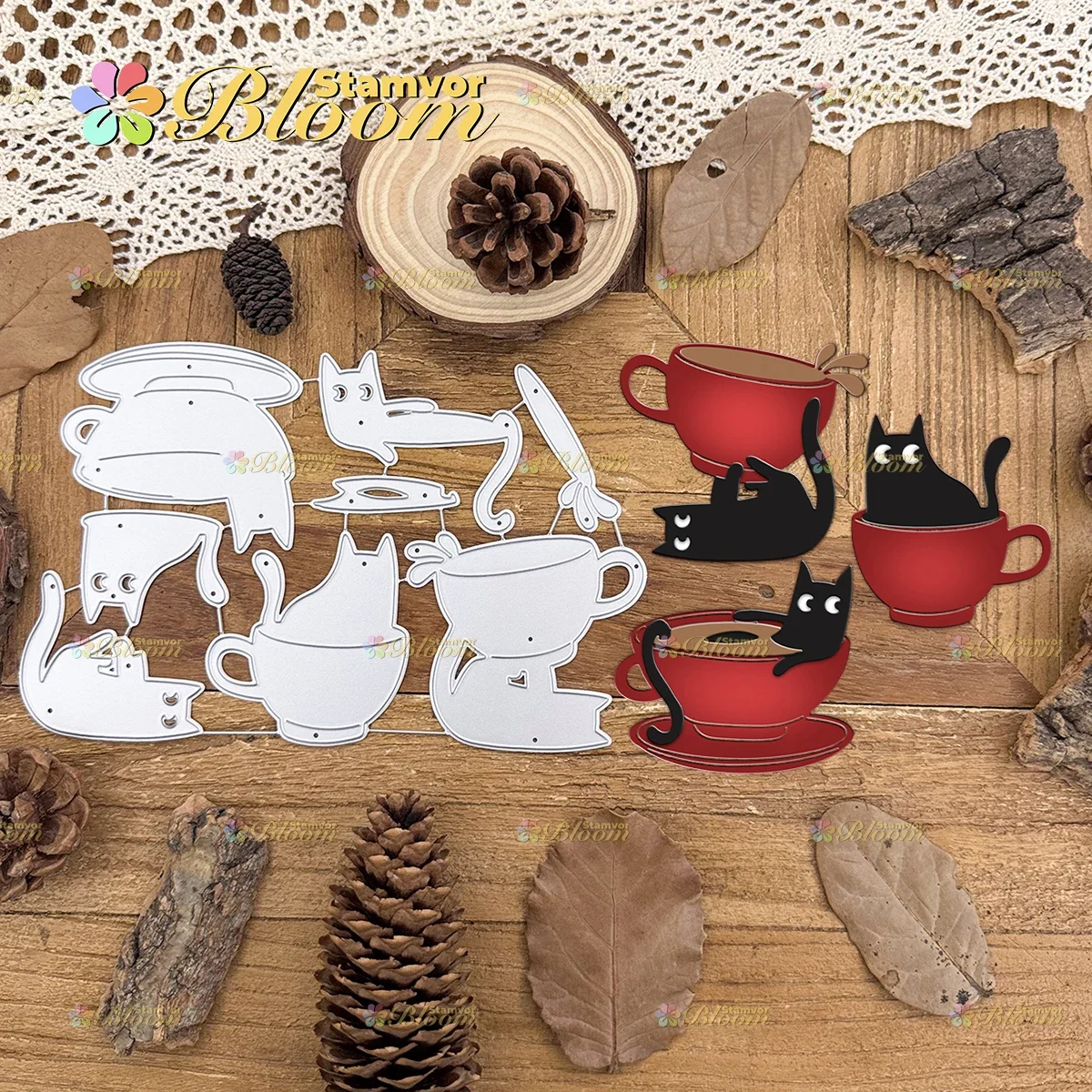 Original schöne Kaffee- und Teetassen mit Katzen, Metall-Stanzformen für Scrapbooking, dekorative Prägung