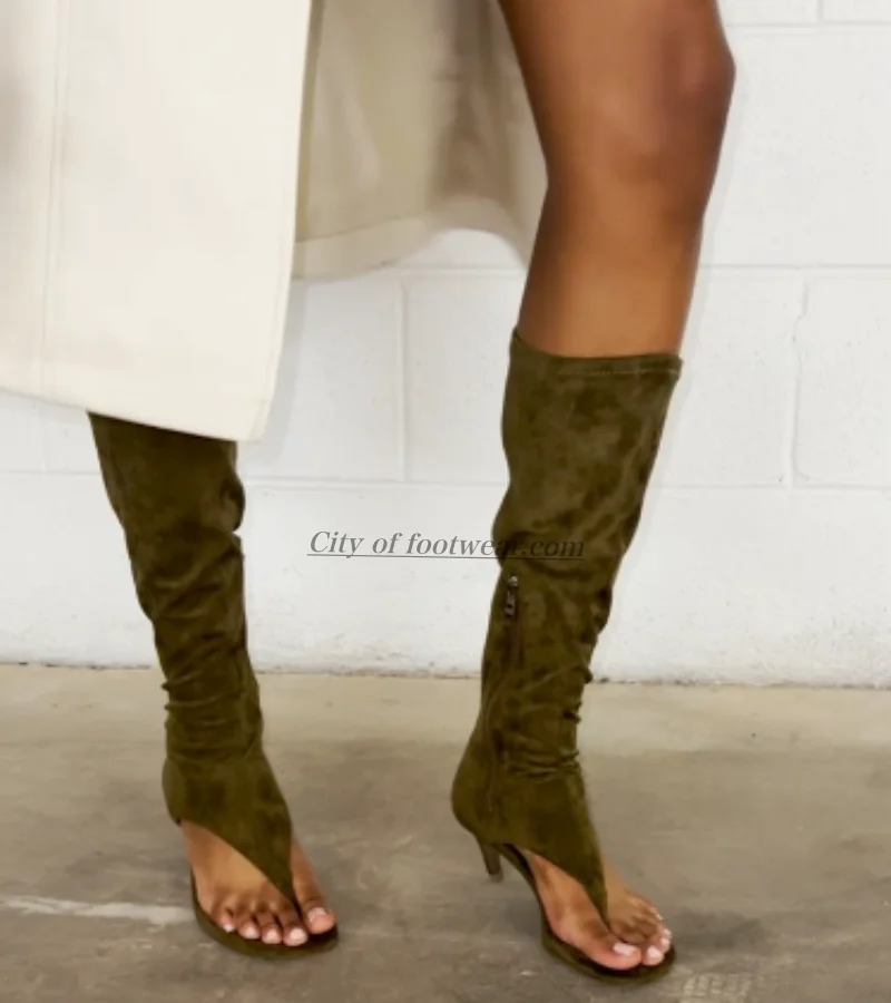 

Sexy Women‘s suede Flip flops low heels knee high boots summer leather black/white/red sandals boot luxury designer party shoes