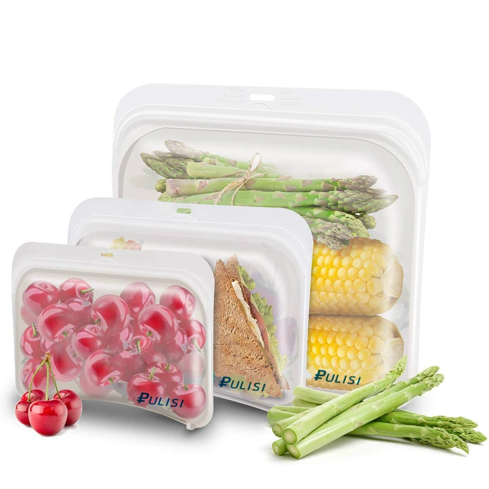 3pcs/Pack Silicone Reusable Food Storage Bags Airtight Ziplock Sandwich Snack Bags Microwave Dishwasher Freezer Safe Fresh Bags