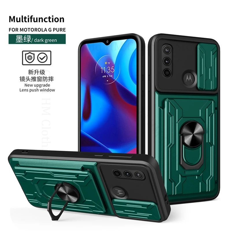 

Slide Camera Lens Protection Case For Motorola G100 G22 G32 G60S G53 G13 G23 G84 G14 G72 G73 G54 Card Slot Book Stand Ring Cover