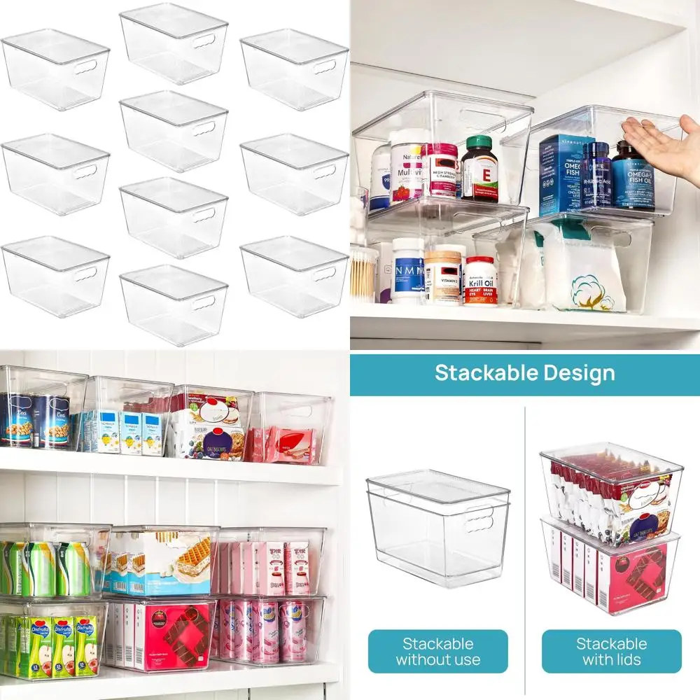 

Набор из 10 прозрачных штабелируемых контейнеров для хранения с крышками, большие пластиковые емкости для кухни, кладовой, холодильника, шкафов и гардеробов