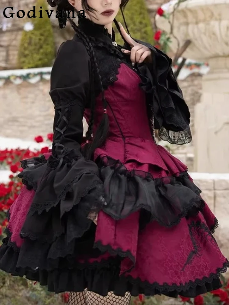 

Temperament New Chinese Dark JSK Gothic Lolita Cake Dresses Fashion High Waist A-line Age Reduction Cos Party Princess Dress