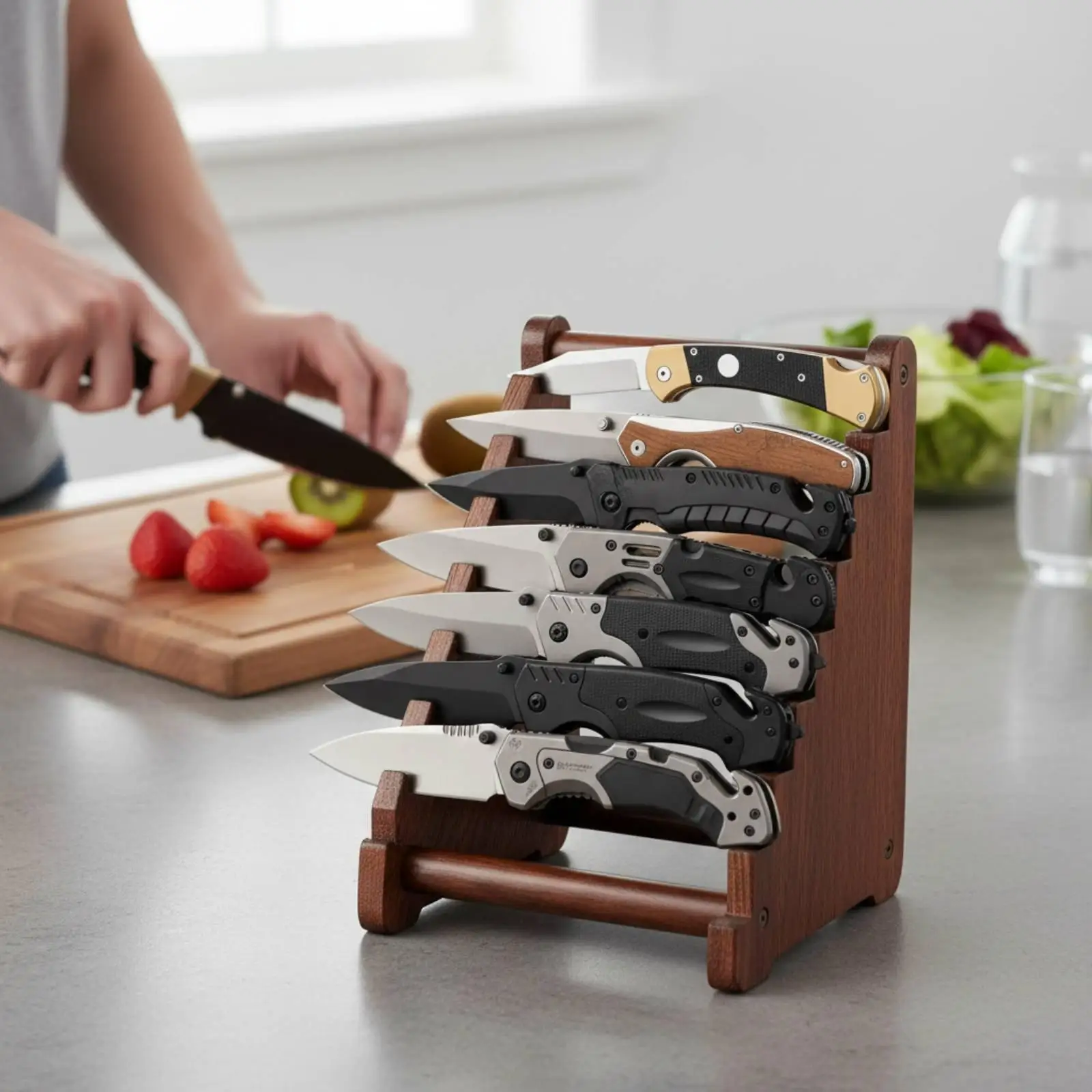 Countertop Cutlery Display Holder Wooden Knife Organizer Space Saving Rack for Home Kitchen Storage