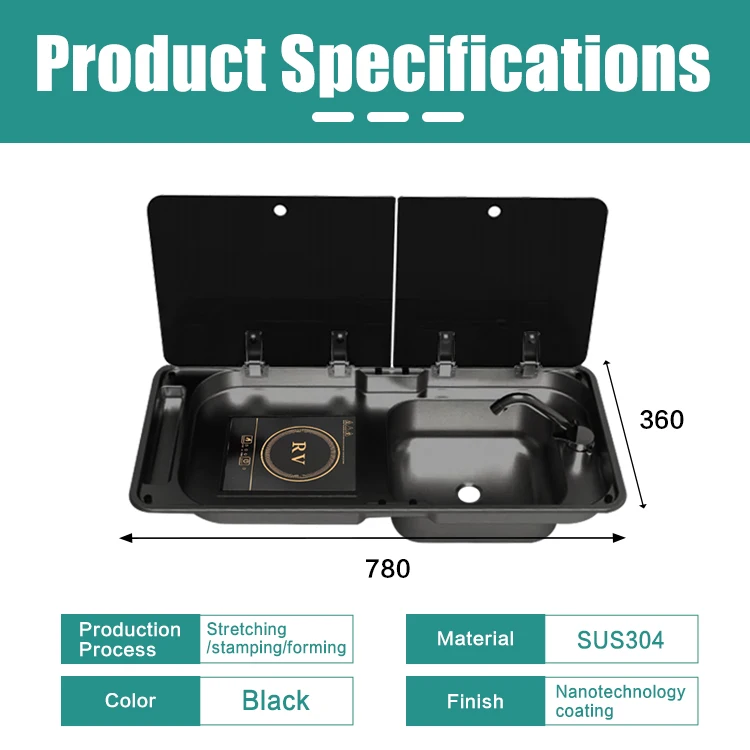 RV Sink Unit SUS304 Black Nano Coated Sink With Induction Cooktop for Camper Van Motorhome Trailer Yacht RV Kitchen Unit