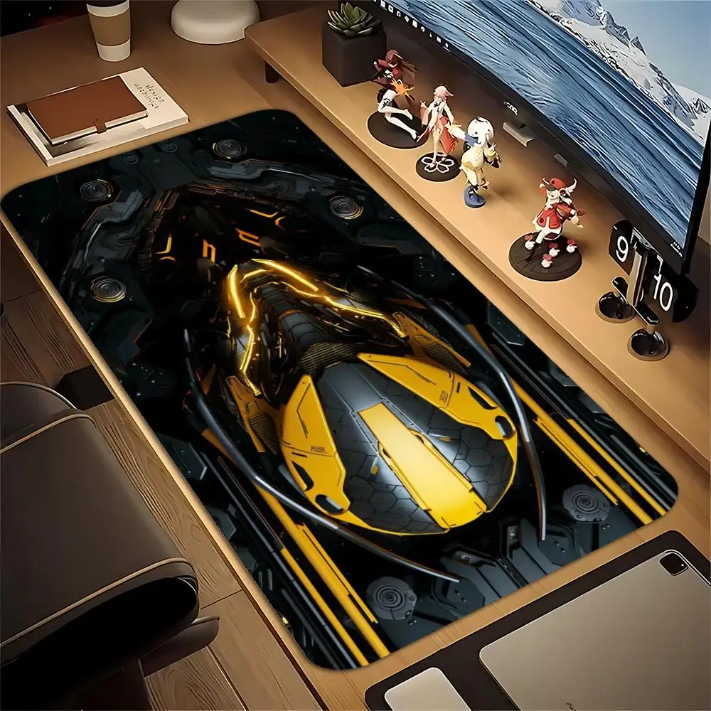 Sci-Fi Yellow Mech Spaceship Large Desk Mat MousePad Mouse Mat Gaming Keyboard Mat Playmat Non-Slip Rubber Futuristic Desk Decor