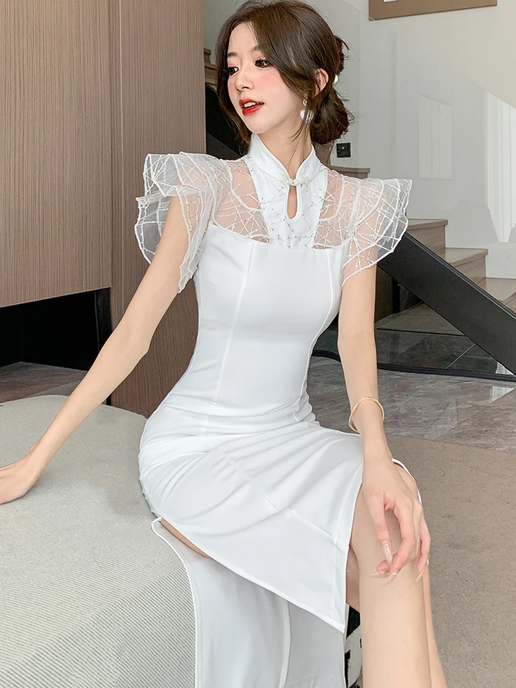 2024 White Patchwork Ruffled Mesh Luxury Dress Women Korean Party Vestidos Spring Summer Elegant Dresses for Official Occasions