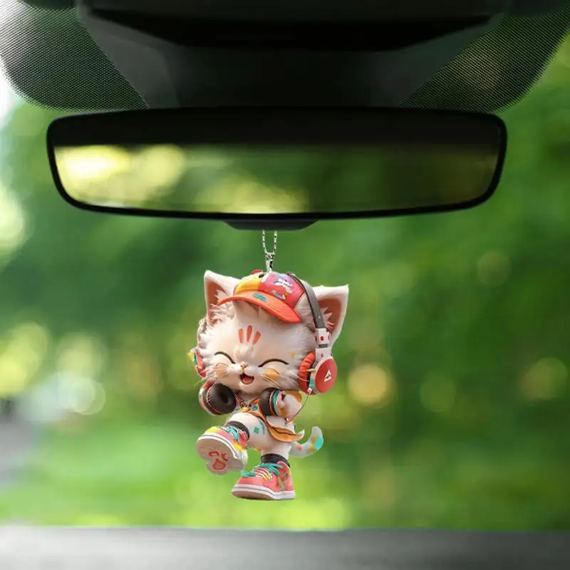 Cat Car Ornament Auto Rear View Mirror Accessories Cat Wearing Headphones 2D Acrylic Pendant For Christmas Tree Bag Car Rearview