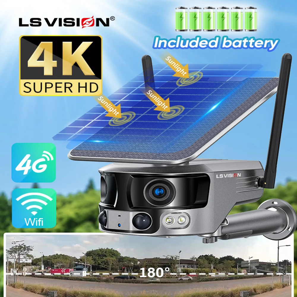 

LS VISION 4K 8MP Solar Camera Dual Lens 4G Outdoor WIFI Webam 180° Ultra Wide View PIR Human Detection Security Camera 4X Zoom