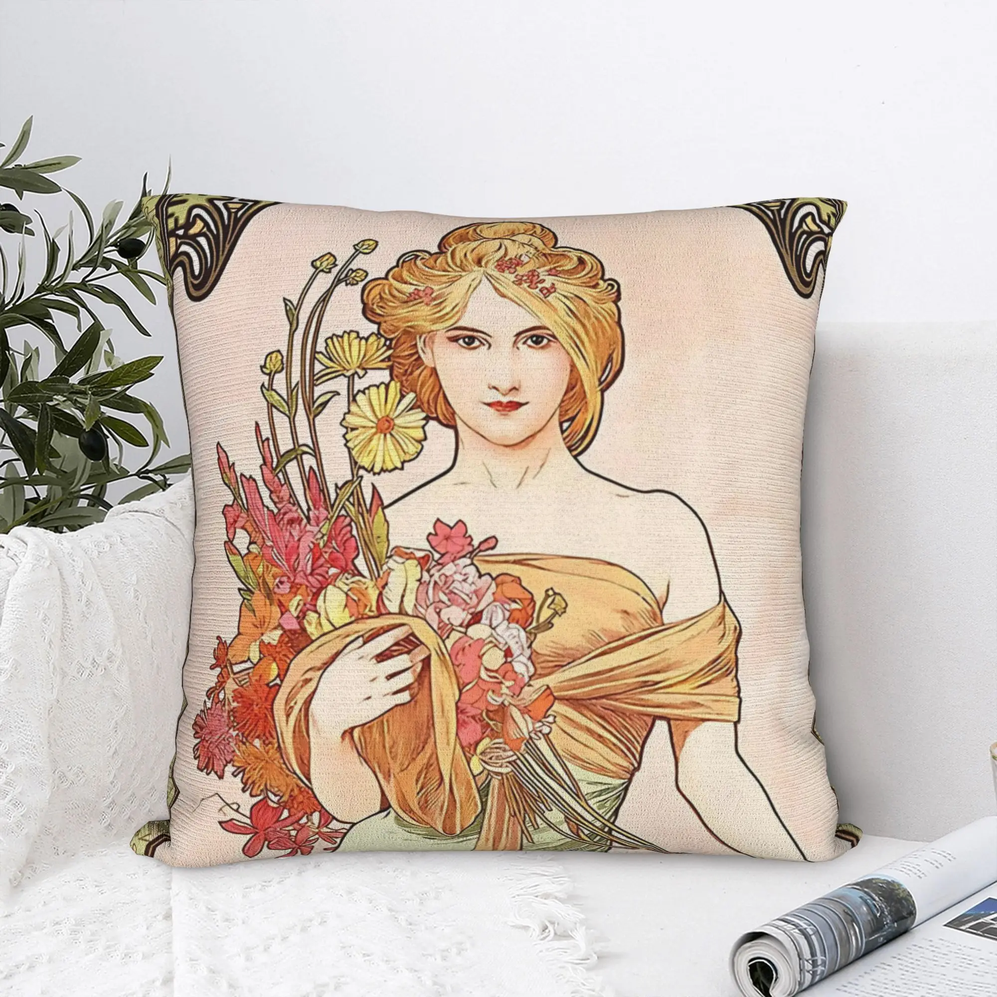 The Four Seasons Spring  Alphonse Mucha Pillowcase Polyester Cushion Cover Decorative  Pillow Case Cover Car Zipper 40*40cm