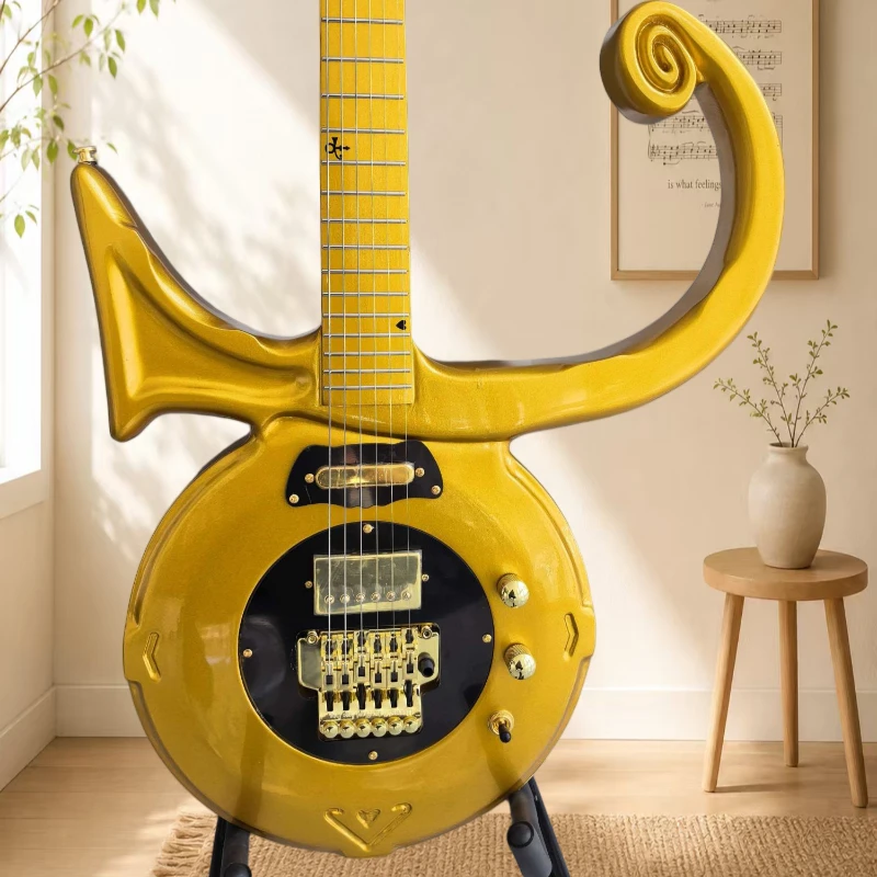 Gold Alien-Shaped Electric Guitar C Style Wide Horn Design Dual Pickup Configuration Double-Locking Tremolo System Free Shipping