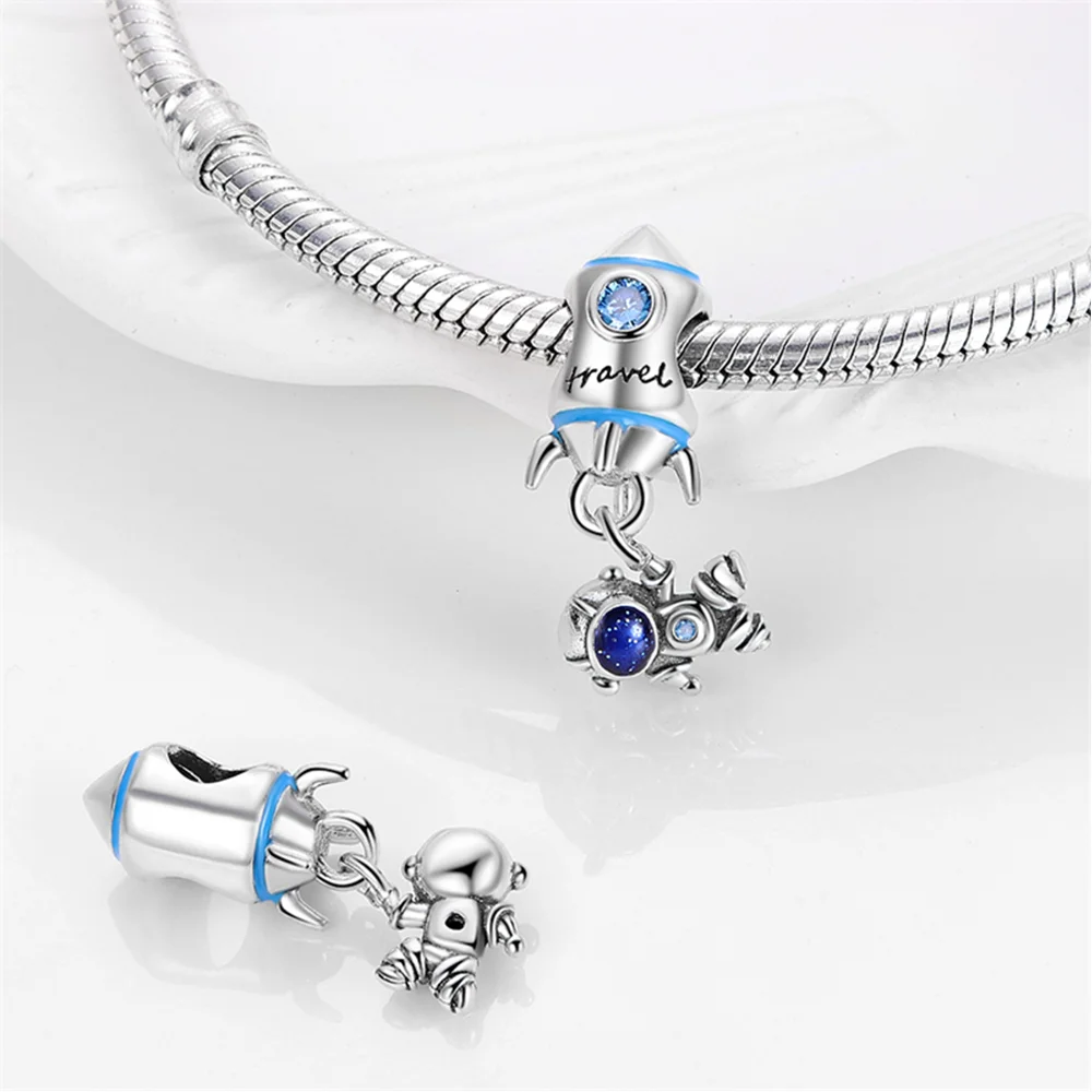 Cute Astronaut Space Rocket Series 925 Sterling Silver Beads Charms Pendants Fit Original Bracelet Necklace Diy Ornament Gift