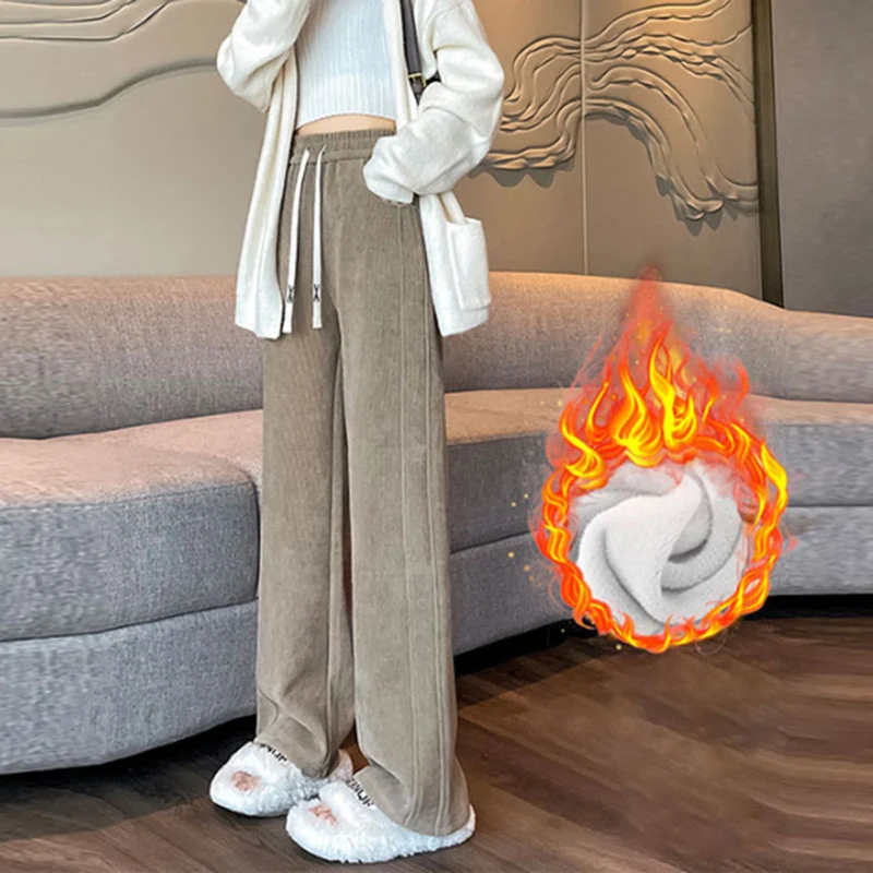 2024 Autumn Winter Women Vintage Concise Sweatpants Lady Casual Designer Elastic Wide Leg Straight Leg Plush Thermal Trousers