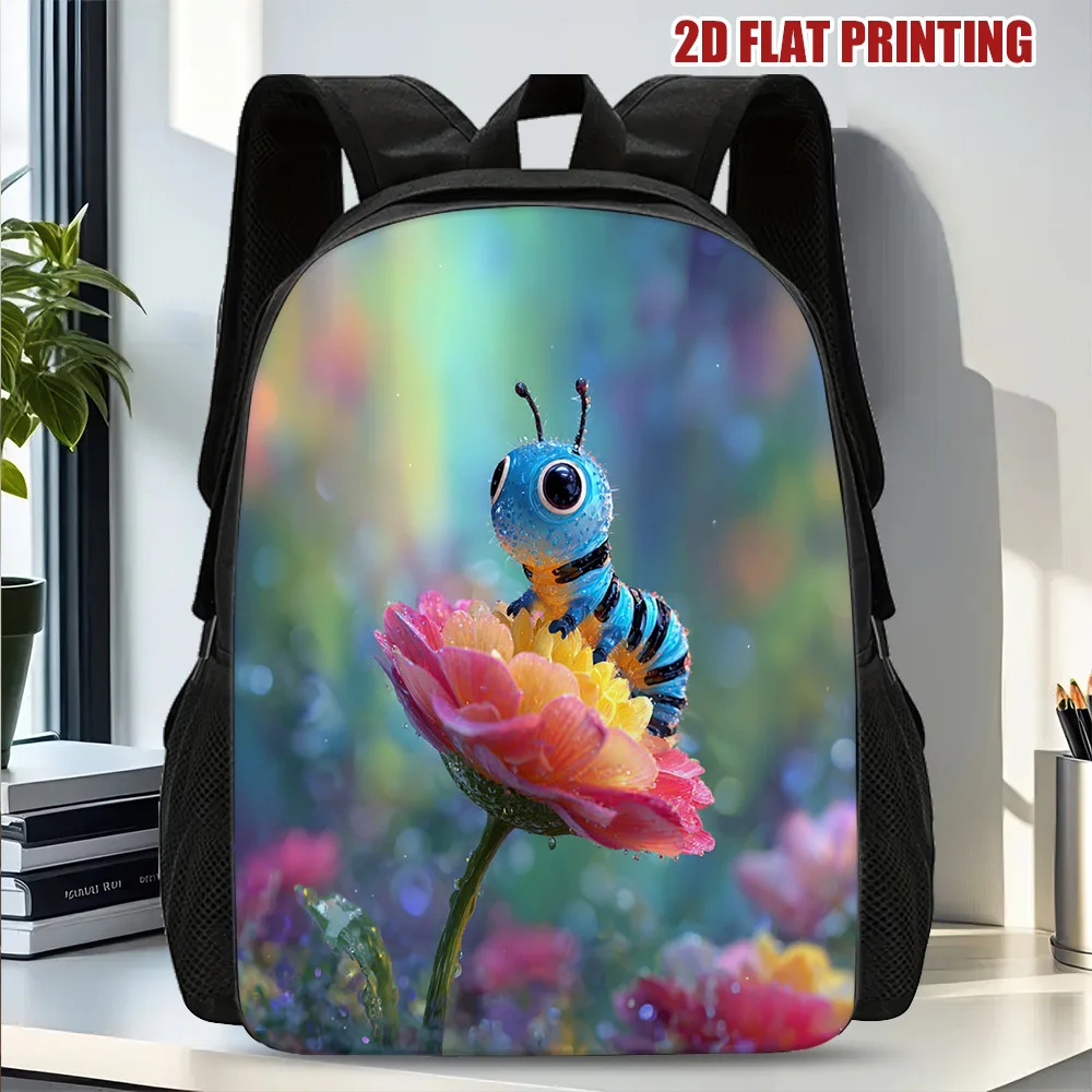 

1 Adorable Caterpillar Blossom 2D Lithoprint Backpack-Vivid floral design of blue and orange caterpillars,lightweight polyester