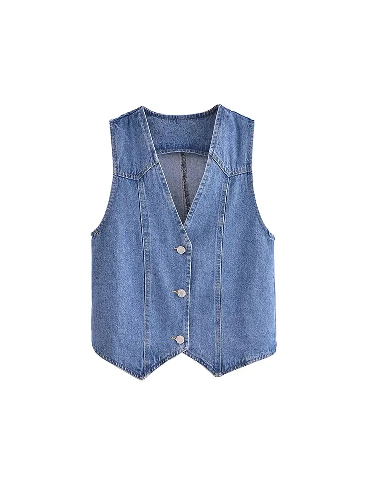 Nlzgmsj TRAF Summer Women Short Denim Blue Vest Fashionable V-neck Sleeveless Slim Women's Casual Single-Breasted Button Vest