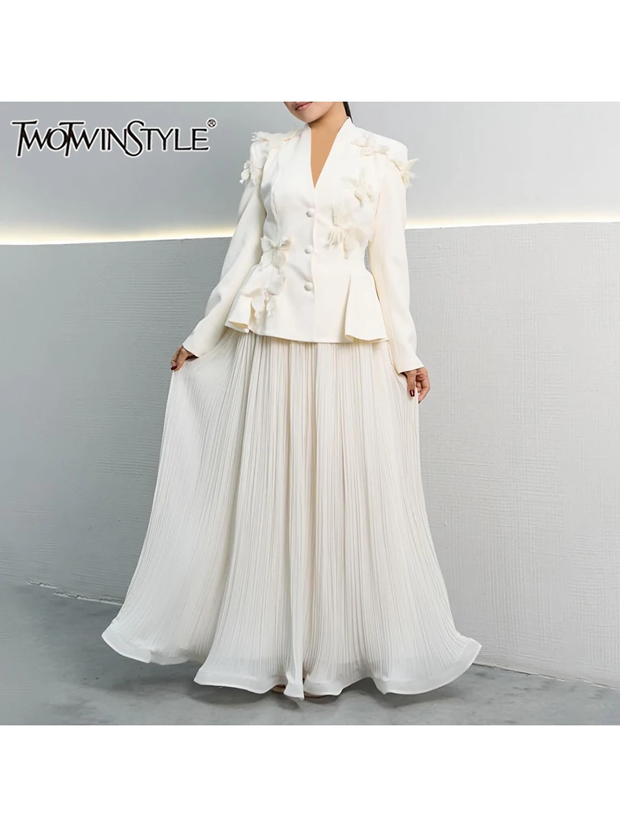 TWOTWINSTYLE Elegant Two Piece Sets For Women V Neck Long Sleeve Tunic Designer Coat High Waist Pleated Skirt Formal Set Female