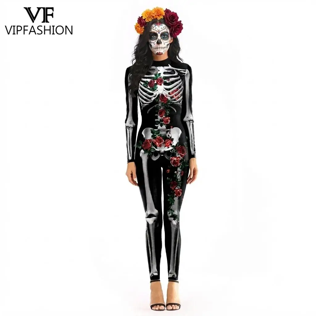Traje de Halloween para Mujer VIP FASHION, Diseño de Esqueleto Dorado con Estampado Floral, Mono para Fiesta de Carnaval, Cosplay