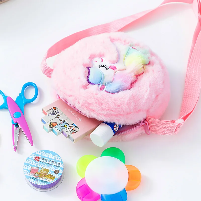 Kawaii Unicorn Bag For Girls Plush Shoulder Bag Children Crossbody Bags Mini Round Messenger Bag Kid Keys Coin Purse Small Pouch