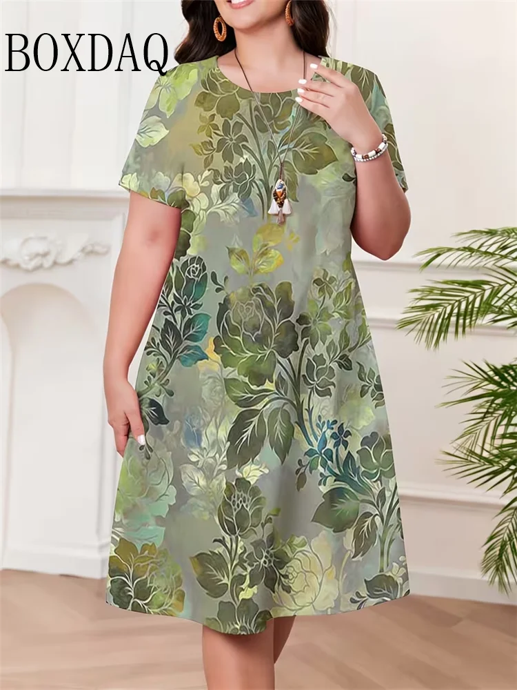 Vintage Paisley Flowers Printed Dress For Summer Women's Ethnic Style Pattern Short Sleeve Dress Casual Plus Size Loose Dress 6X