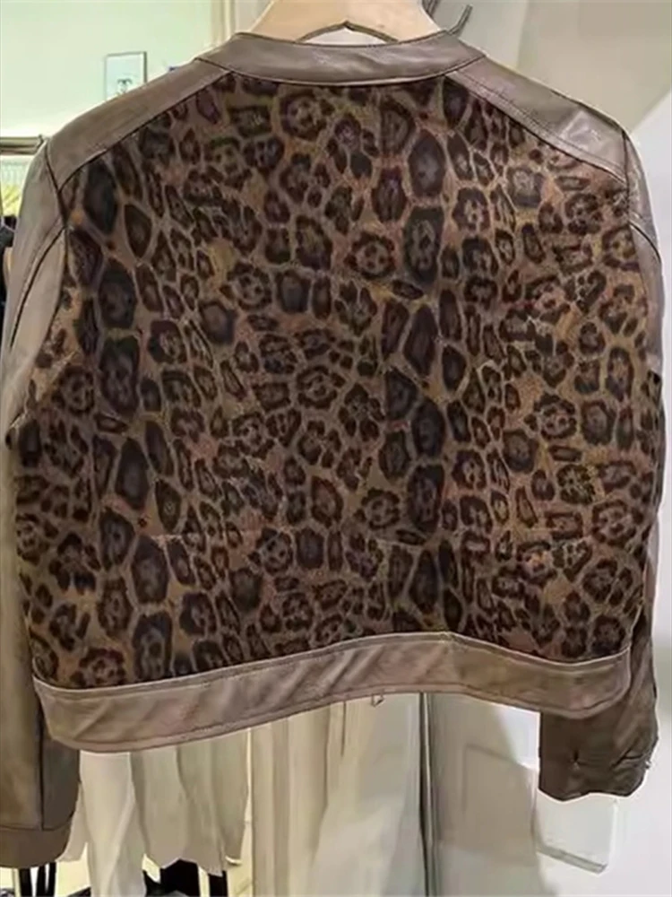 2025 Spring/Autumn American Retro Short Coats Stitching PU Leather Print Tops Women's Jacket Y2k Leopard Print Jackets