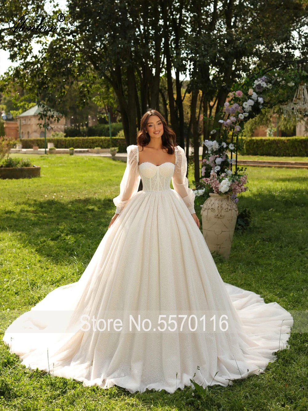 Alonlivn Bling Lace Sweetheart Ball Gown Wedding Dresses Removable Full Sleeves Beading Pearls Elegant Bridal Gowns