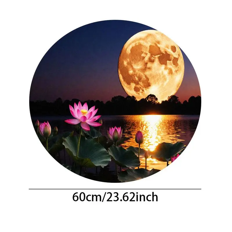 

Round Lotus Flower and Full Moon Area Rug, Non-Slip Base, HD Print, 60cm for Home Living Room Bedroom Decor