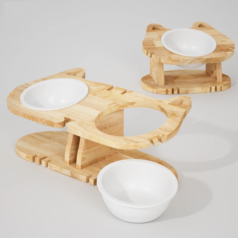 

Cat Feeder Solid Wood Double Row Neck Protection Anti-Tumble Multi-Cat Feeding Bowls Inclined Water Food Basin Double Bowl
