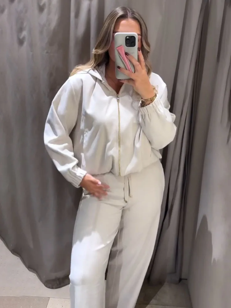 Hh feminino outono moda ternos sólido turn-down colarinho mangas compridas casaco com zíper superior + cinto de cintura alta decoração calças conjuntos femininos