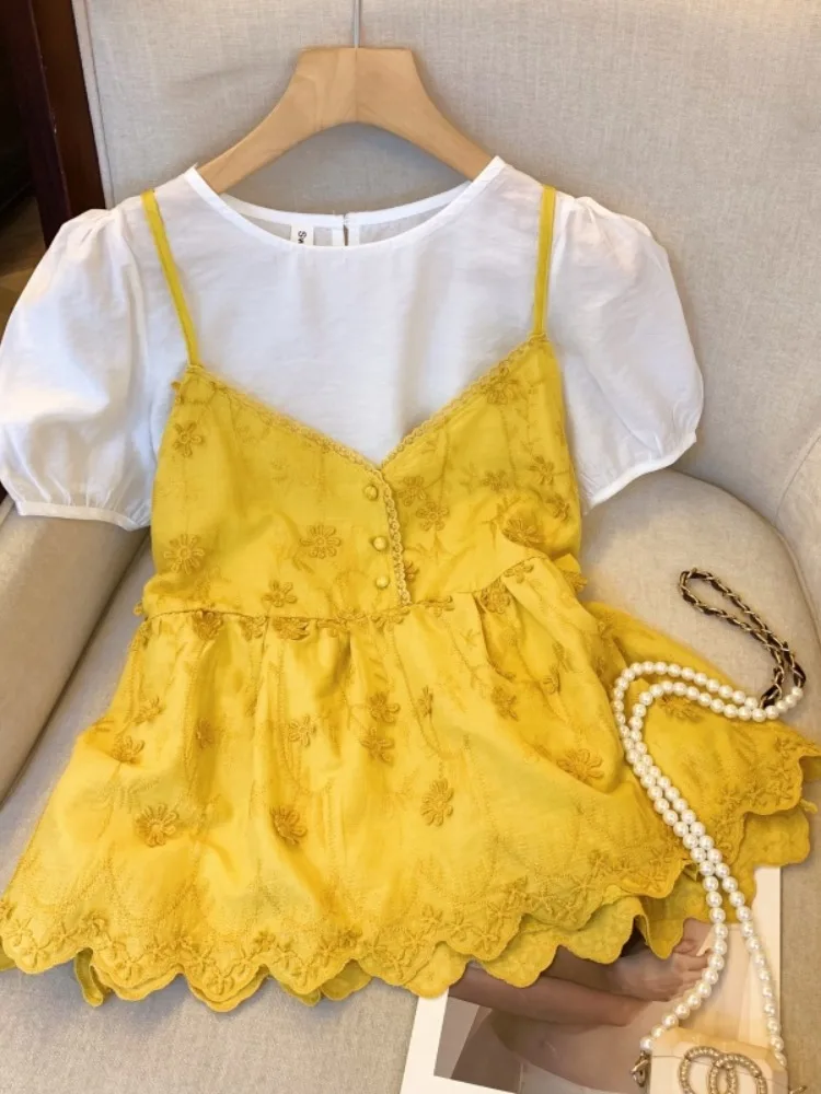 

Dopne Yellow ort Sve T-irt Women's Summer Lace Patchwork ter Top irt Outerwear Super Beautiful Two-Piece Set