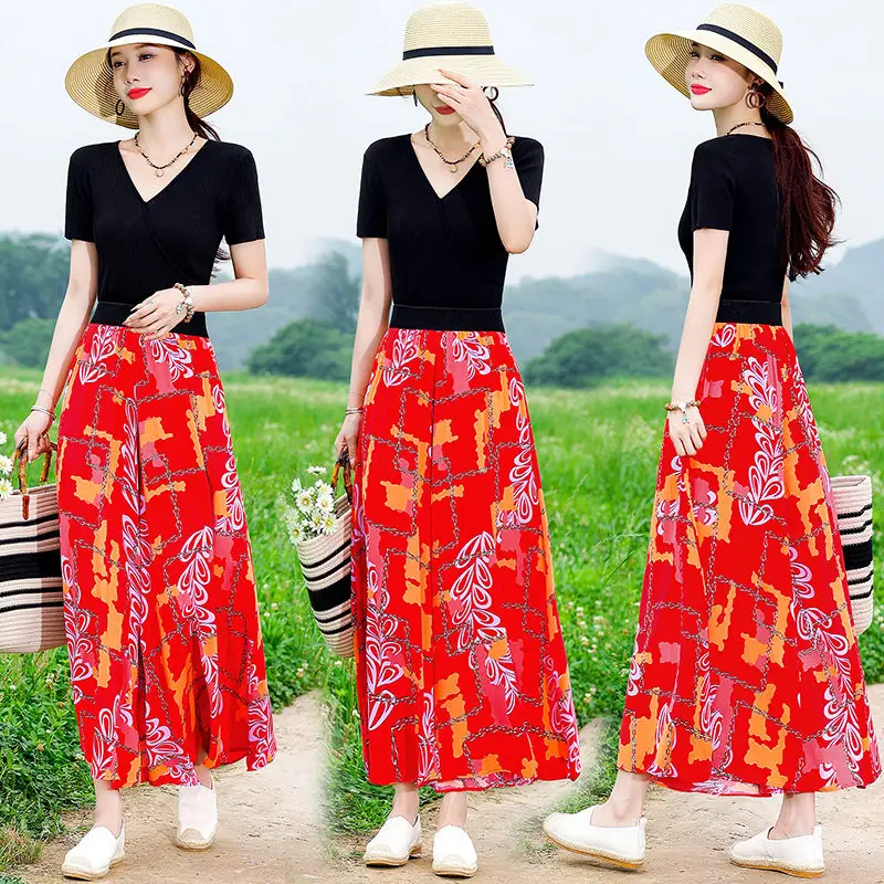 

2024 New Summer Women Loose Wide Leg Pants Female Flower Print High Waist Skirt Pants Ladies Casual Ankle-Length Trousers N06