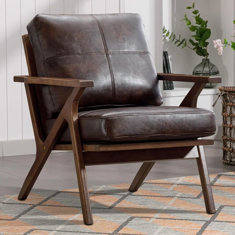

Mid-Century Modern Accent Chair with Wood Frame, PU Leather Living Room Chair and Soft Thick Padded Armchair