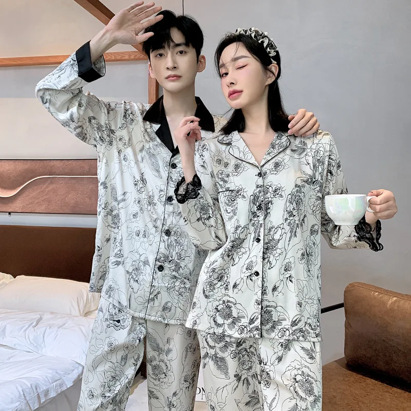 High Quality Satin Couple Pajamas Suit Men Spring Nine quarter sleeves Thin Ice Silk Sleepwear Set Women Summer Home Clothes Boy