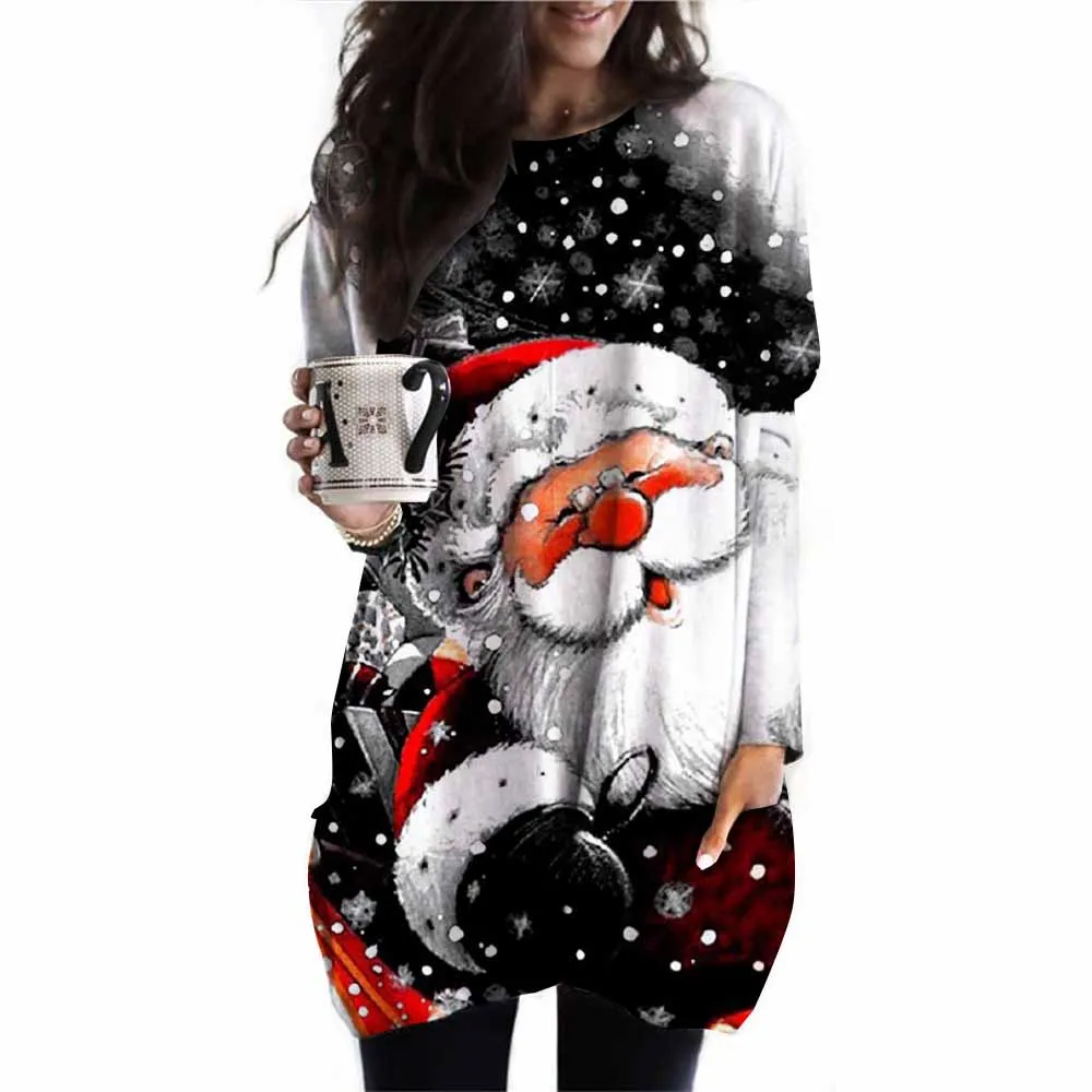 

Модный женский свободный повседневный топ с круглым вырезом, элегантная футболка с 3D рисунком рождественской елки и карманами с длинными рукавами