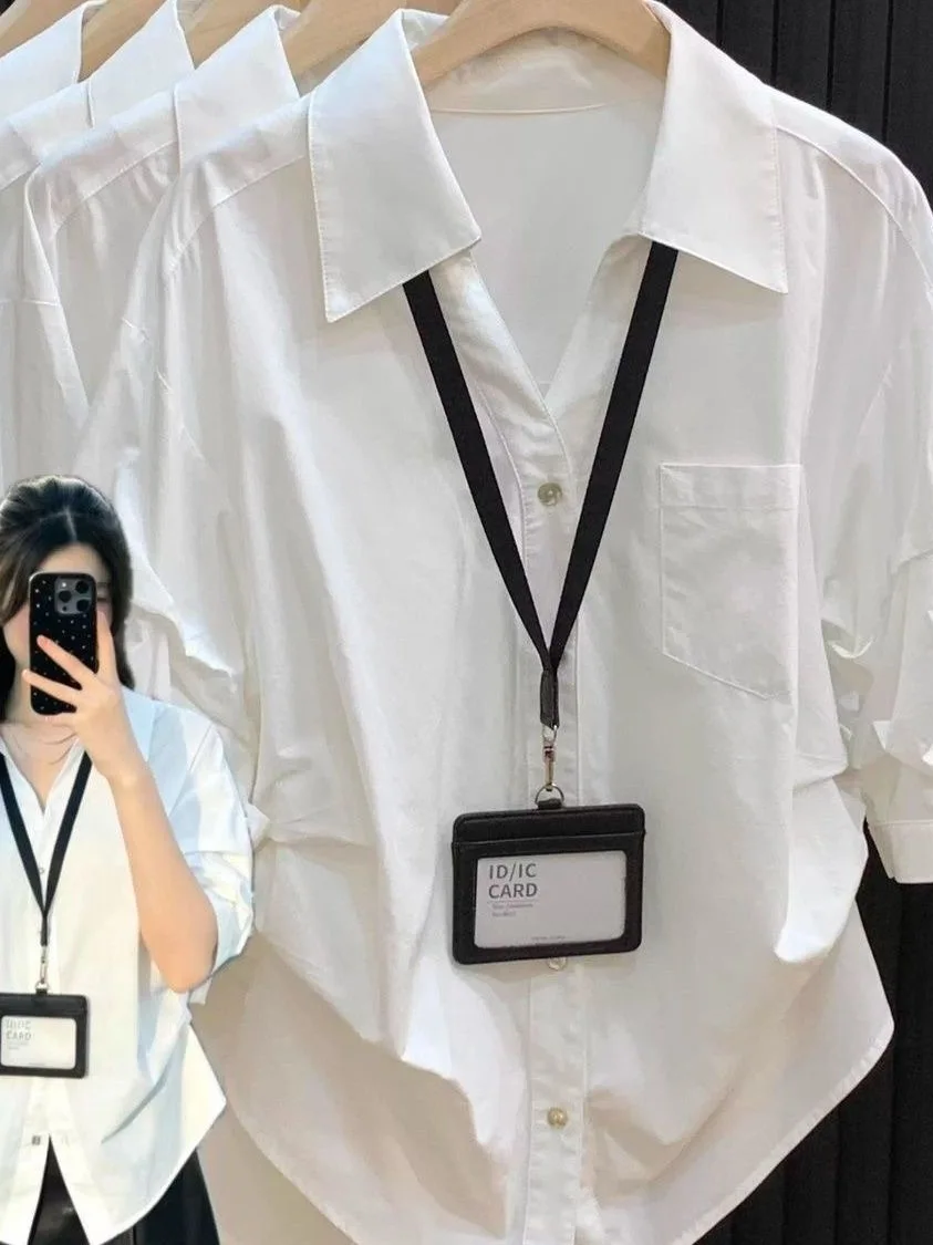 

Elegant Blue Neck Shirt Women's Spring Summer Slim Fit Design Sense Top Comfortable Breathable Polyester Blend